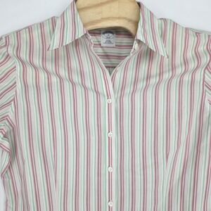 Brooks Brothers Women Fitted Shirt 14 Pink Mint Green Button Up Long Slv Non Iro